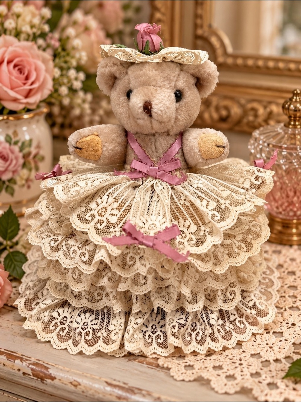 Vintage Teddy Bear Lace Jewelry Box Mauve Rose Bows Velvet Lined Philippines 8”